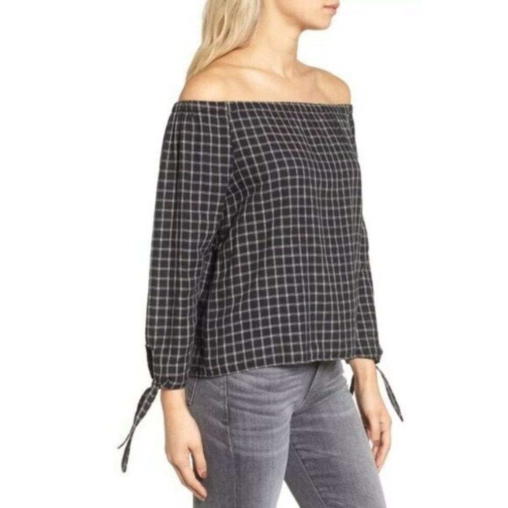 Madewell Plaid Off The Shoulder Top Cotton Black NWT